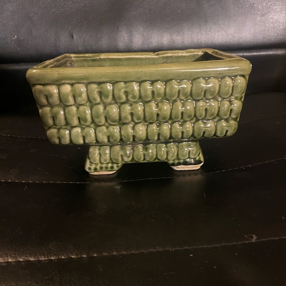 Vintage Studio Pottery Planter Green Drip Glaze Ceramic Pedestal Texture MCM